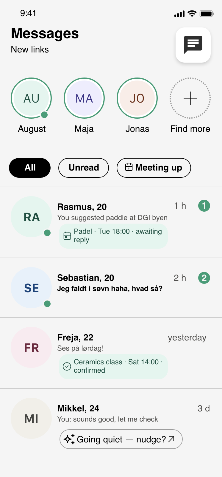 Calibre's Messages screen: new links along the top, and threads showing suggested meet-ups with time and status.