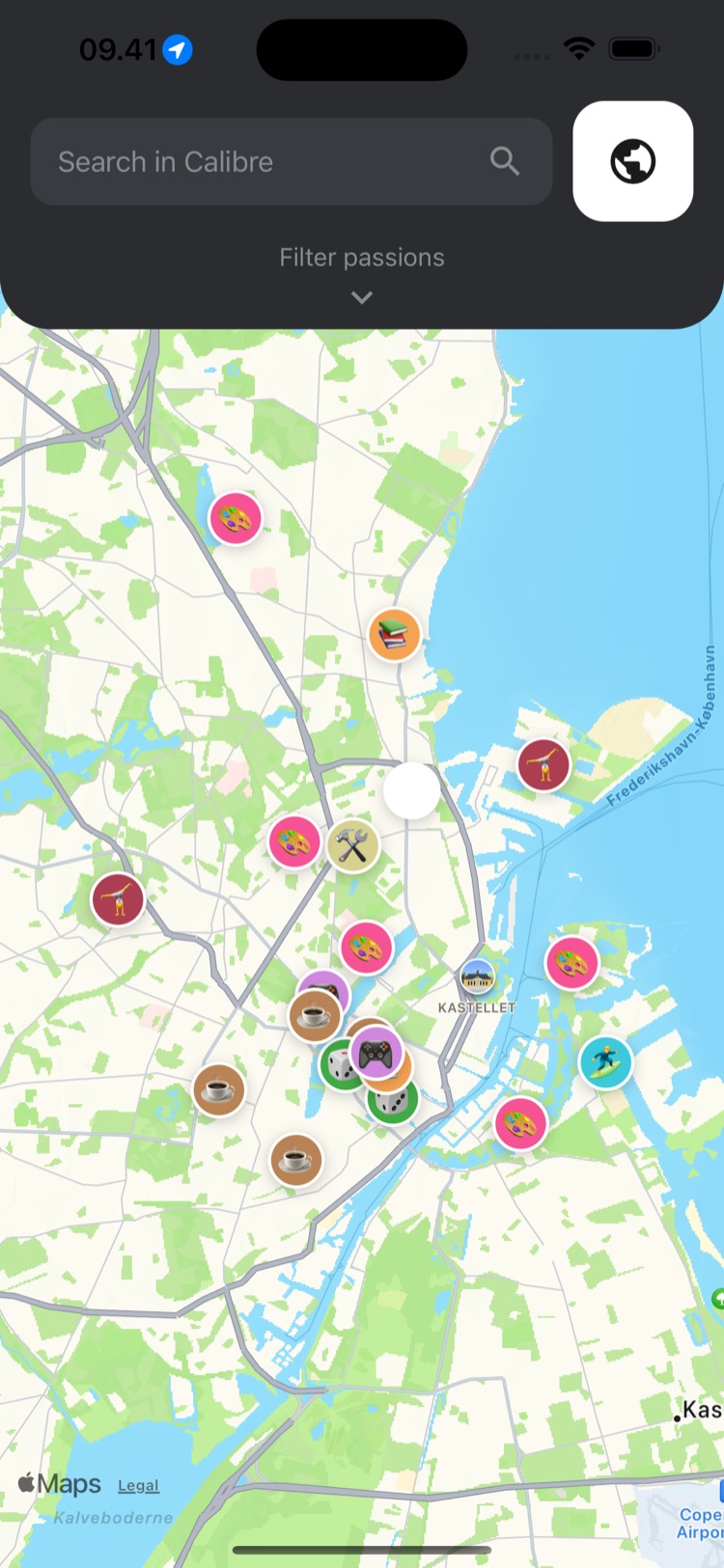 Calibre's activity map of Copenhagen, with interest-coloured pins for nearby places and a filter for passions.