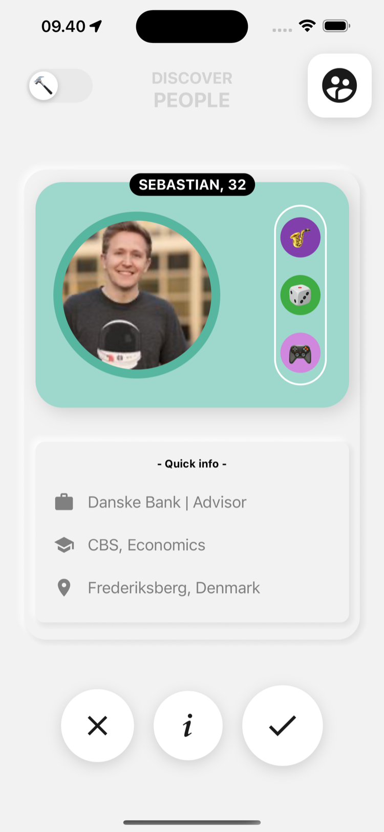 Calibre's Discover People screen: a profile card showing a person's name, age, photo, three interest icons and quick info.